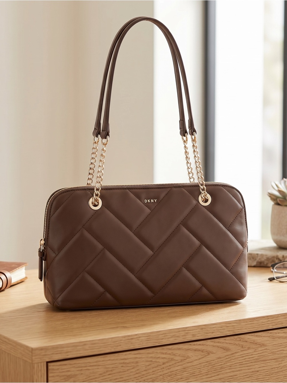 DKNY Brown Quilted Shoulder Bag Chain Strap NWT MSRP $198